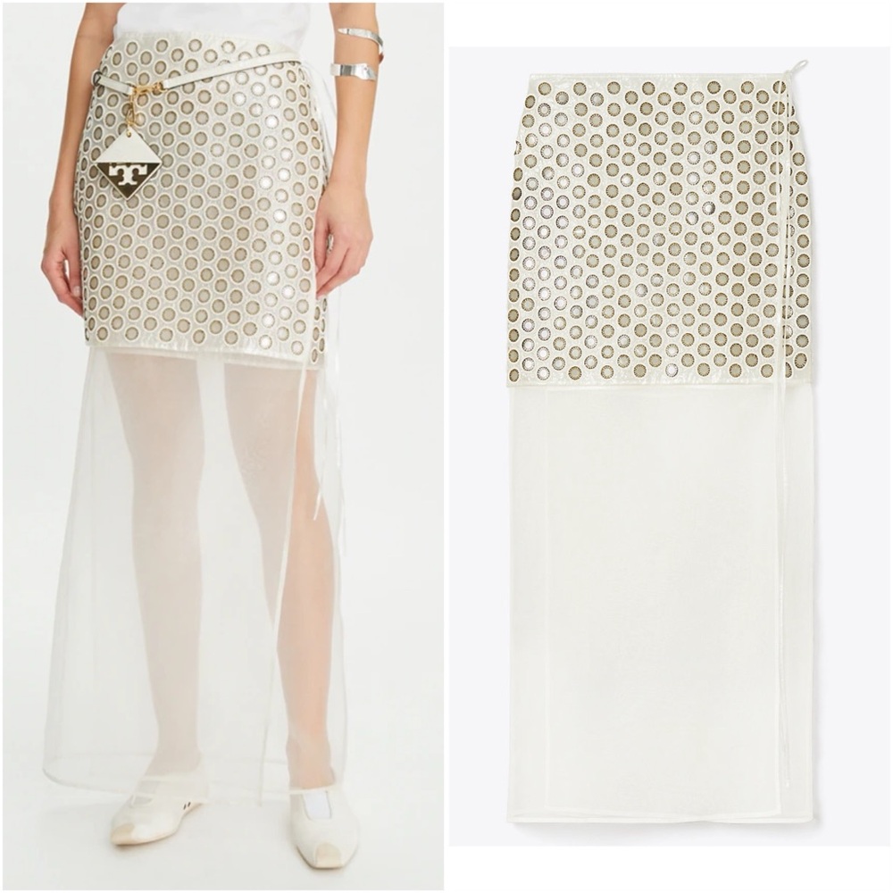 NWT TORY BURCH Mirror-Embellished Double-Layer Midi Skirt $2,398